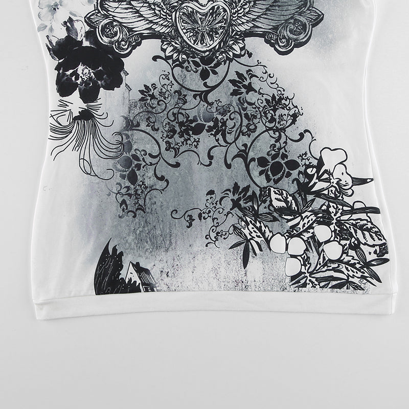 Rhinestone Graphic Print T-shirt Retro Harajuku Fairycore Grunge Slim Fit Pullovers Tees y2k Aesthetic Vintage Gothic Tos Women