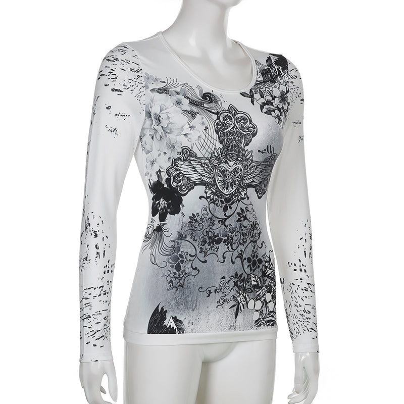 Rhinestone Graphic Print T-shirt Retro Harajuku Fairycore Grunge Slim Fit Pullovers Tees y2k Aesthetic Vintage Gothic Tos Women