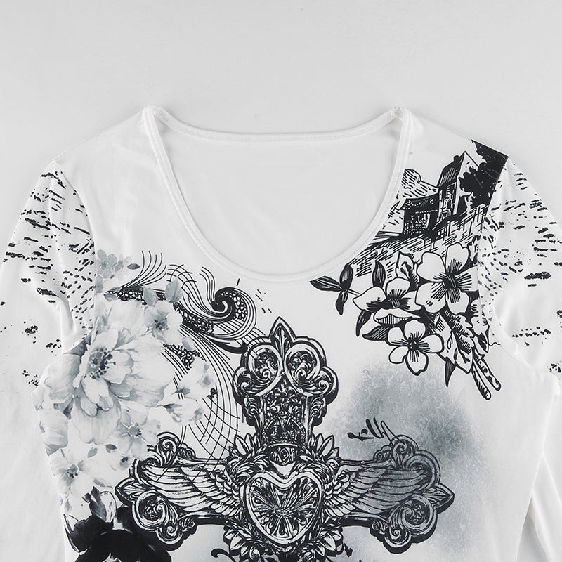 Rhinestone Graphic Print T-shirt Retro Harajuku Fairycore Grunge Slim Fit Pullovers Tees y2k Aesthetic Vintage Gothic Tos Women