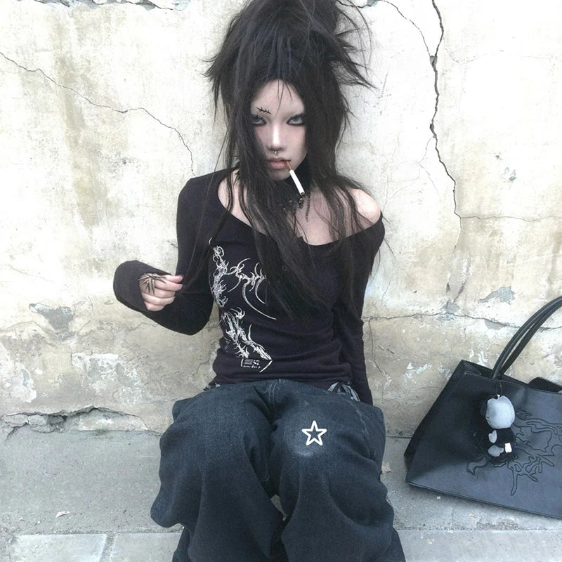 Karrcat Grunge Aesthetics Button Tops Trashy Y2k Tattoo Print T-shirt Vintage Gothic Black Irregular Tee Shirt American Retro