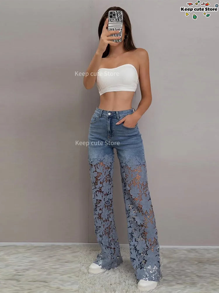 Crochet Hollow Out Flower Jean Women Pants Baggy Zipper Pocket Button Straight Leg Trousers 2025 Summer Y2k Lady