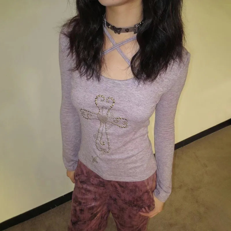 Karrram Japanese Y2k Knitted Tops Grunge Aesthetics Flare Sleeve T-shirts Vintage Harajuku Purple Knitwear American Retro 2000s