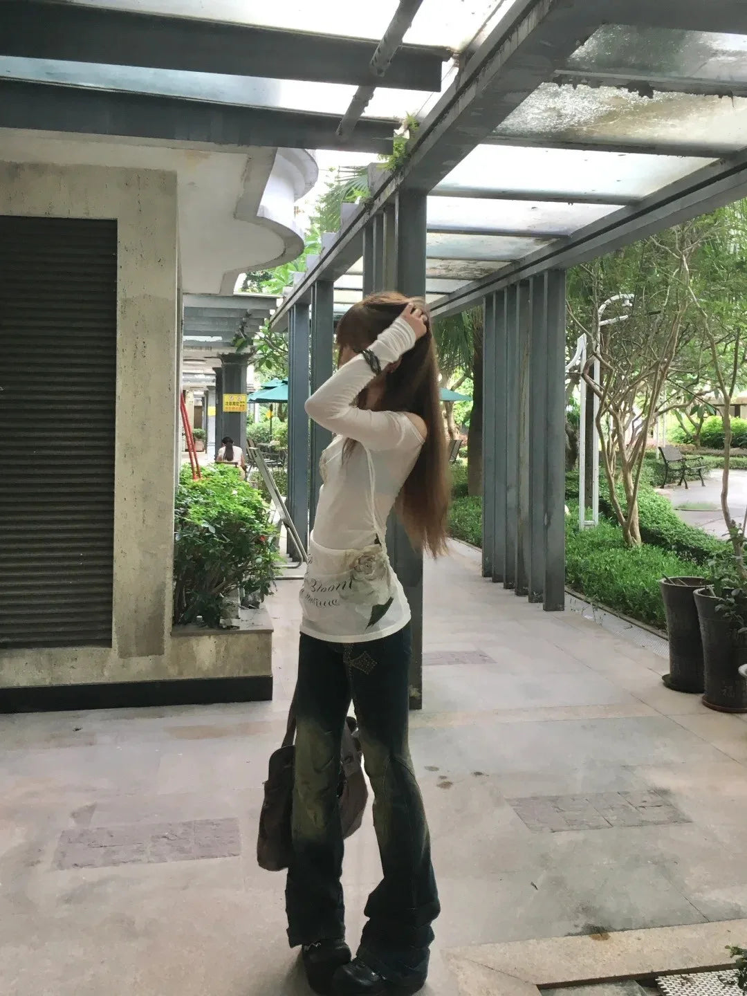 Karrram Japanese Y2k Off Shoulder Tops Vintage 2000s Style Knitted T-shirt Harajuku Flower Print Long Sleeve Sheer Tops American