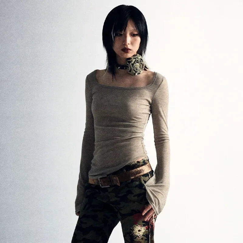 Karrcat Grunge Aesthetics Knitted Tops Vintage Tattoo Print T-shirt Wasteland Punk Irregular Tee Shirt Gothic Y2k Streetwear Alt