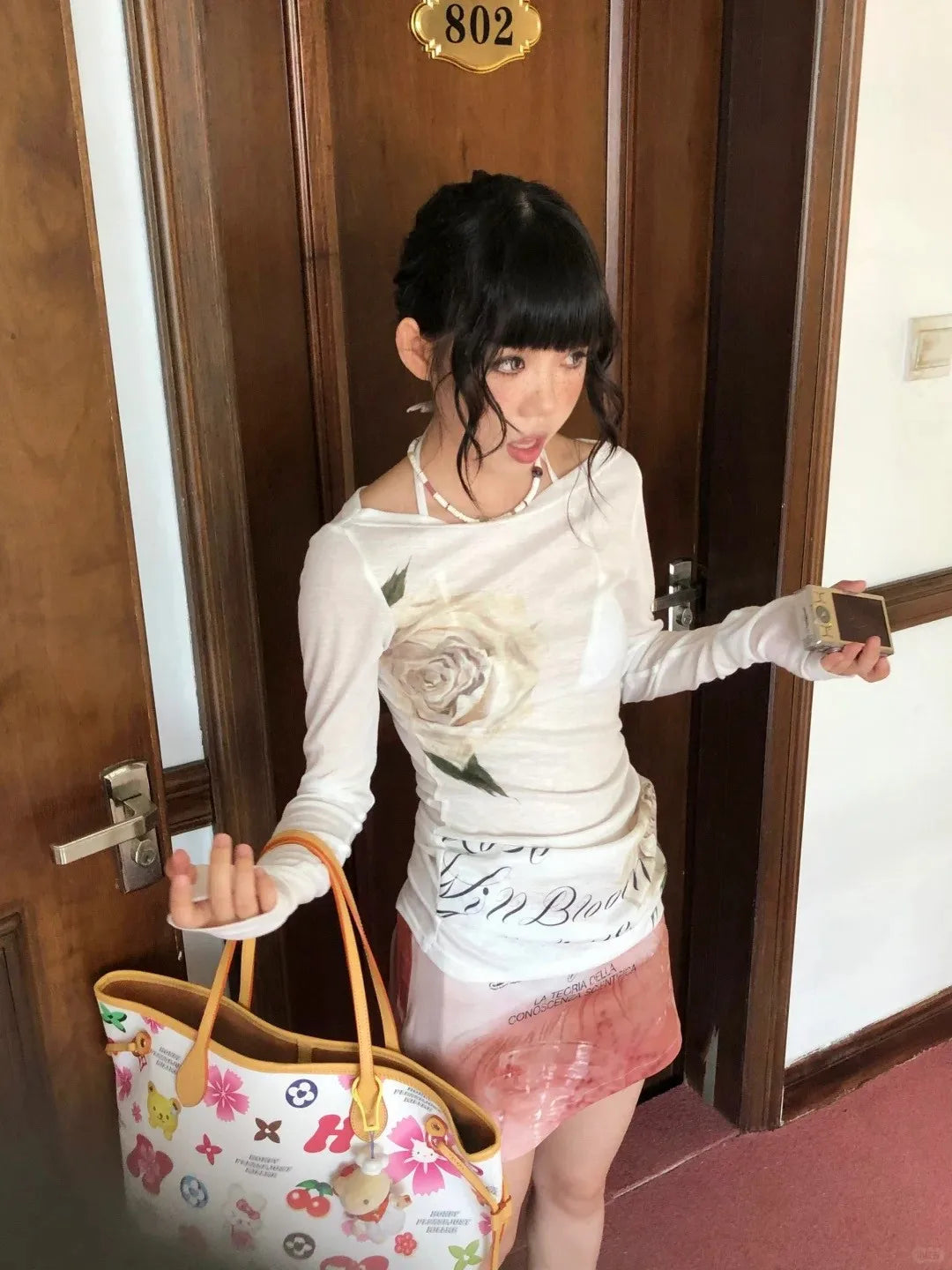 Karrram Japanese Y2k Off Shoulder Tops Vintage 2000s Style Knitted T-shirt Harajuku Flower Print Long Sleeve Sheer Tops American