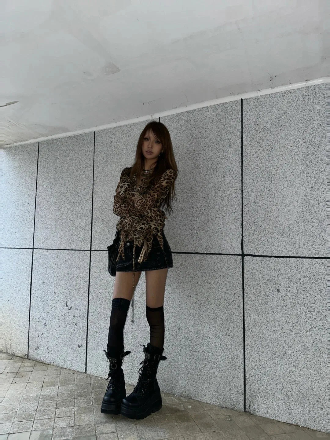 karrram Japanese Y2k Leopard Print Shirt Vintage Harajuku Ruffled Blouses Grunge Aesthetics V-neck Irregular Shirt Trashy 90s