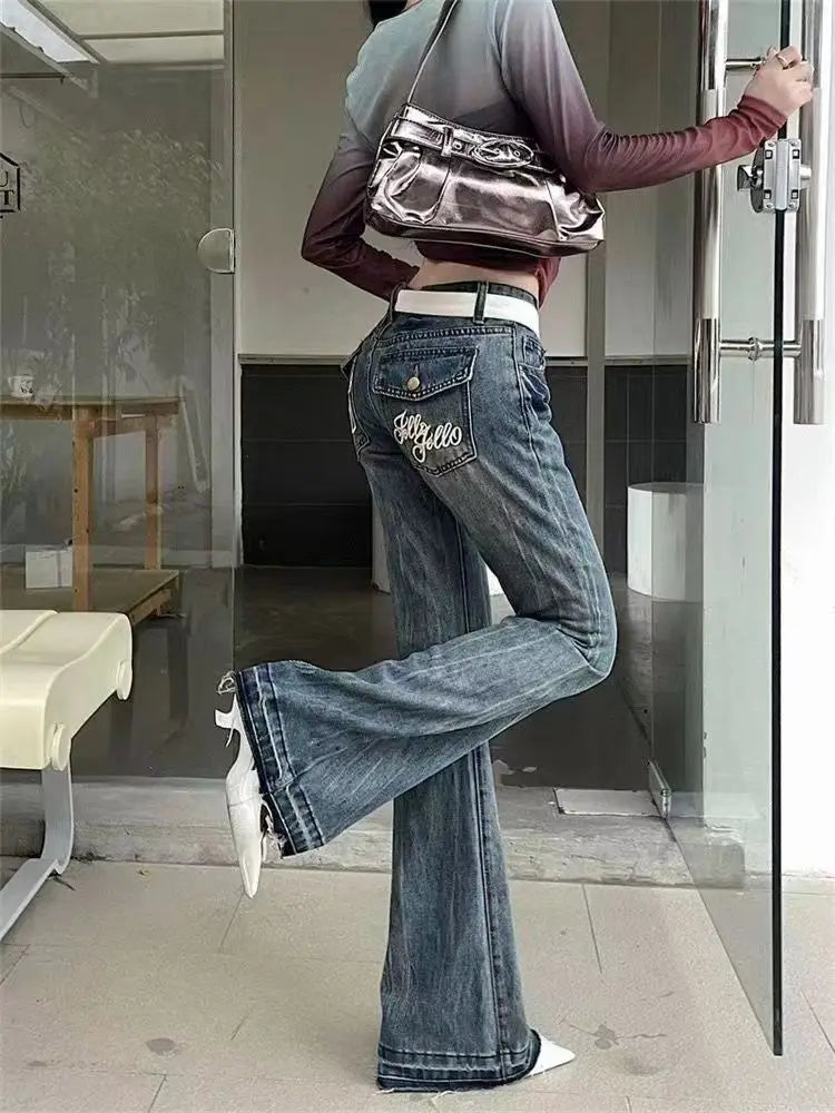 American High Street Spicy Girls Low Waist Jeans Women Autumn Vintage Y2k Design Sense Slim Fit Straight Tube Micro Flare Pants