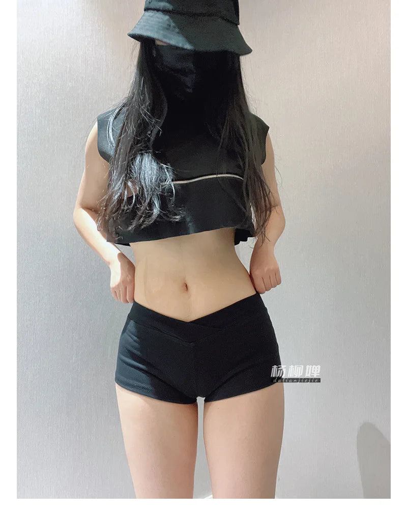 WOMENGAGA Simple Black Dance Fitness Running Ultra Short Sports Casual Shorts Female Summer Tight Low Waist Sexy Korean US8F