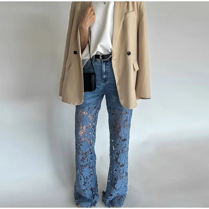 Crochet Hollow Out Flower Jean Women Pants Baggy Zipper Pocket Button Straight Leg Trousers 2025 Summer Y2k Lady