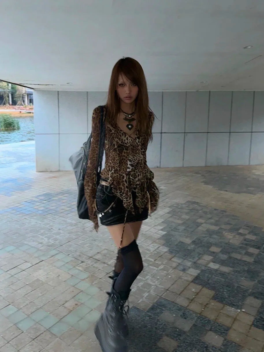 karrram Japanese Y2k Leopard Print Shirt Vintage Harajuku Ruffled Blouses Grunge Aesthetics V-neck Irregular Shirt Trashy 90s