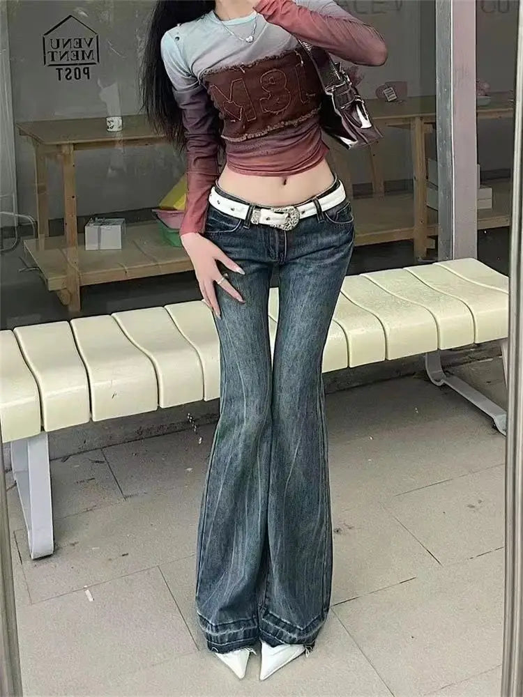 American High Street Spicy Girls Low Waist Jeans Women Autumn Vintage Y2k Design Sense Slim Fit Straight Tube Micro Flare Pants