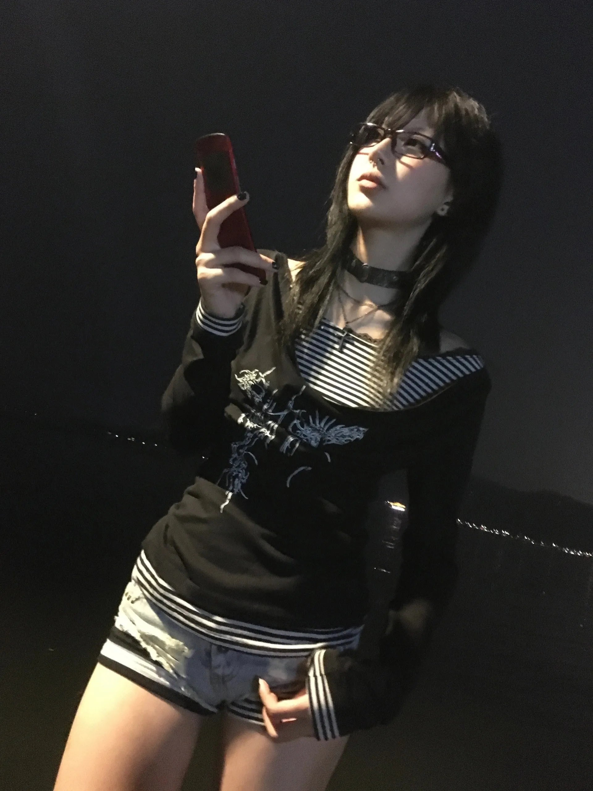 Karrram Japanese Y2k Fake Two-piece Tops Trashy 2000s Tattoo Print T-shirt Grunge Aesthetics Patchwork T Shirts Gothic Vintage