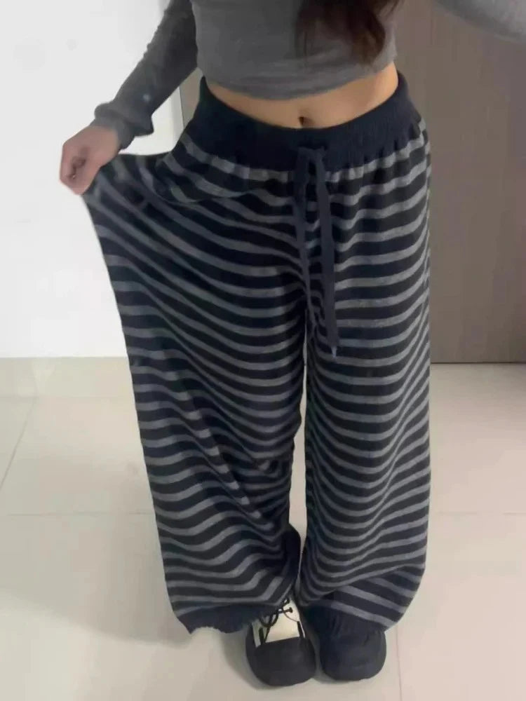 Harajuku Contrast Color Stripe Wide Leg Trousers Vintage Grunge Loose Knitted Casual Pant Y2k Aesthetic Women Straight Pants