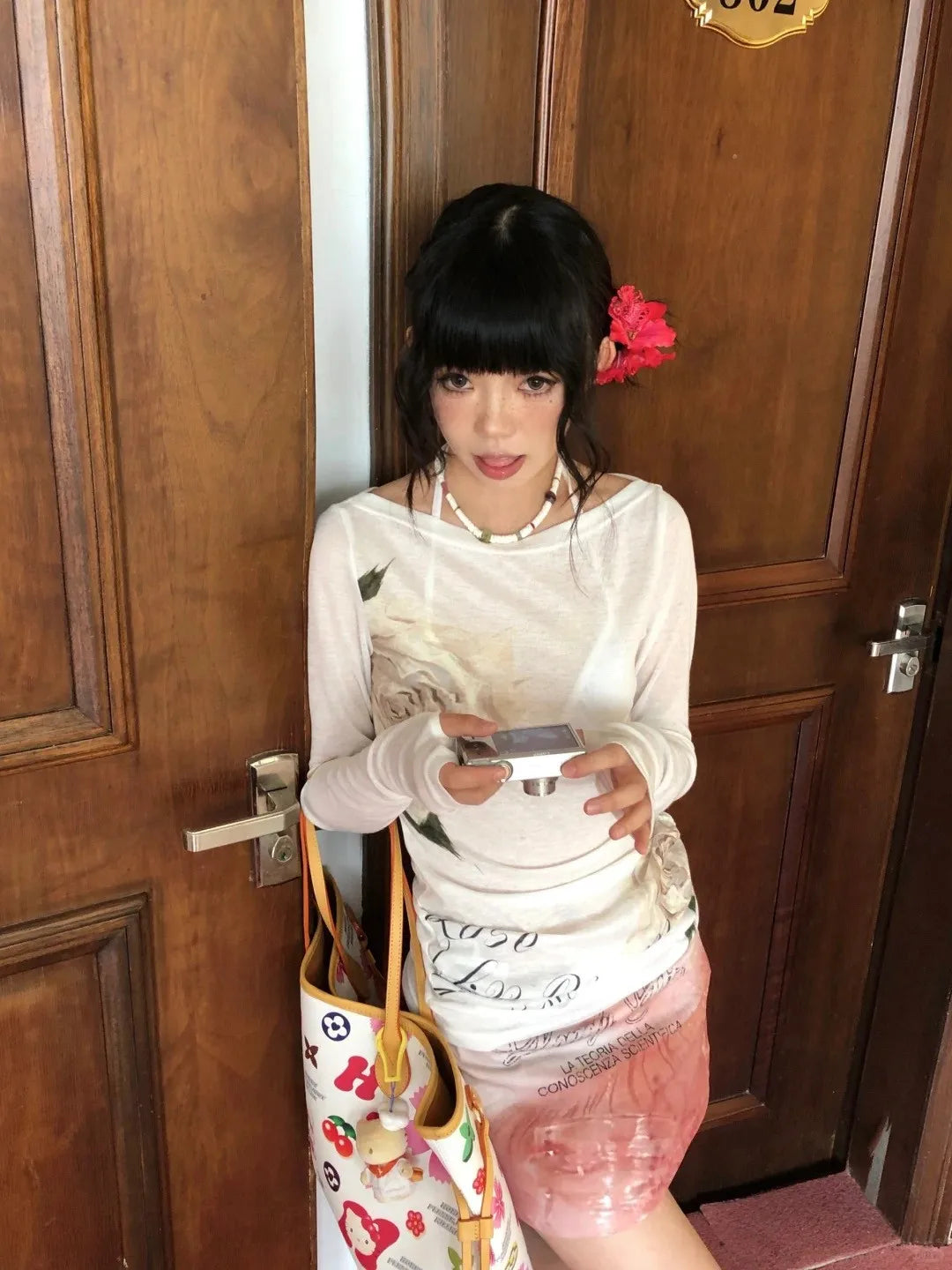 Karrram Japanese Y2k Off Shoulder Tops Vintage 2000s Style Knitted T-shirt Harajuku Flower Print Long Sleeve Sheer Tops American