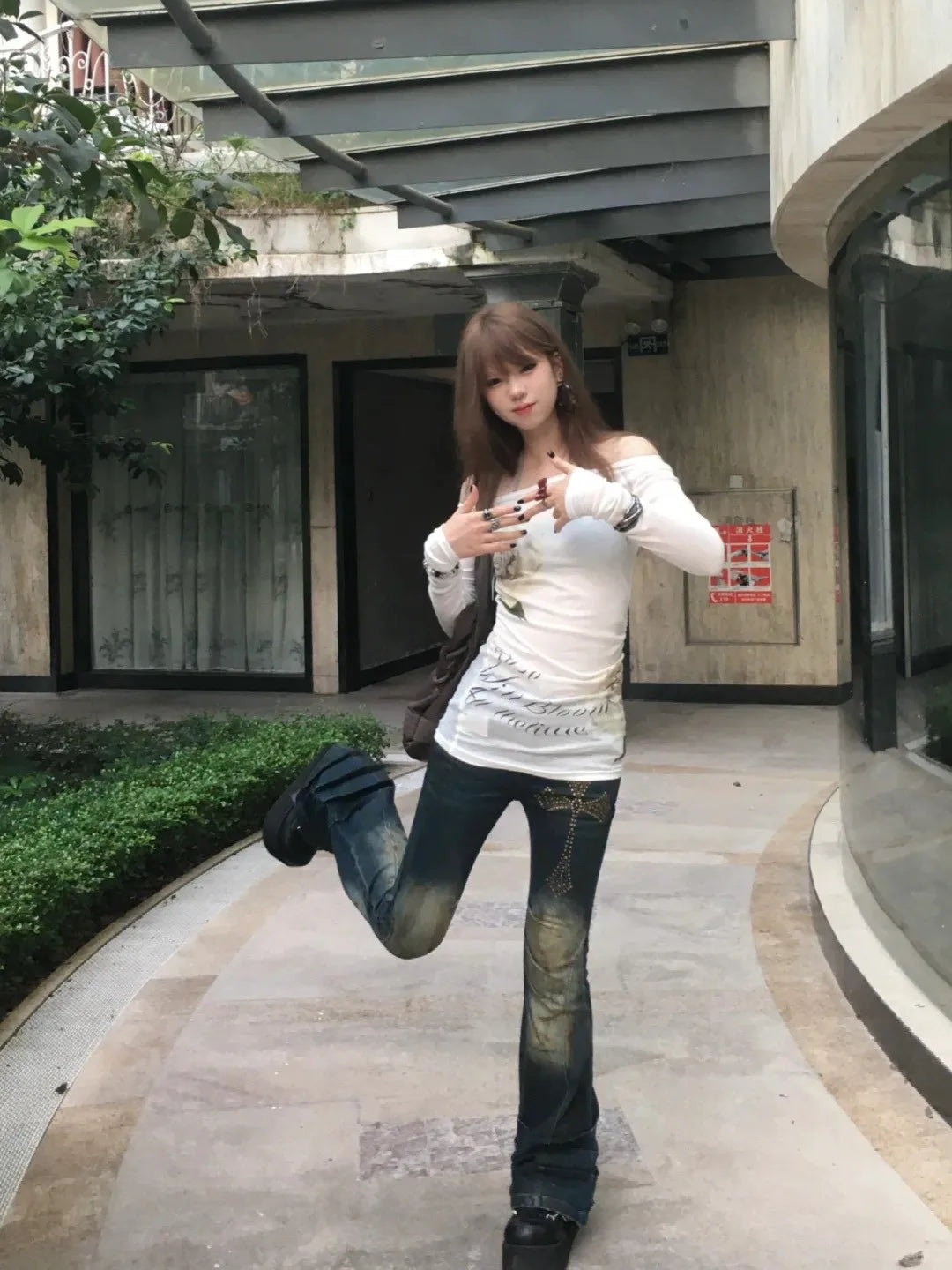 Karrram Japanese Y2k Off Shoulder Tops Vintage 2000s Style Knitted T-shirt Harajuku Flower Print Long Sleeve Sheer Tops American