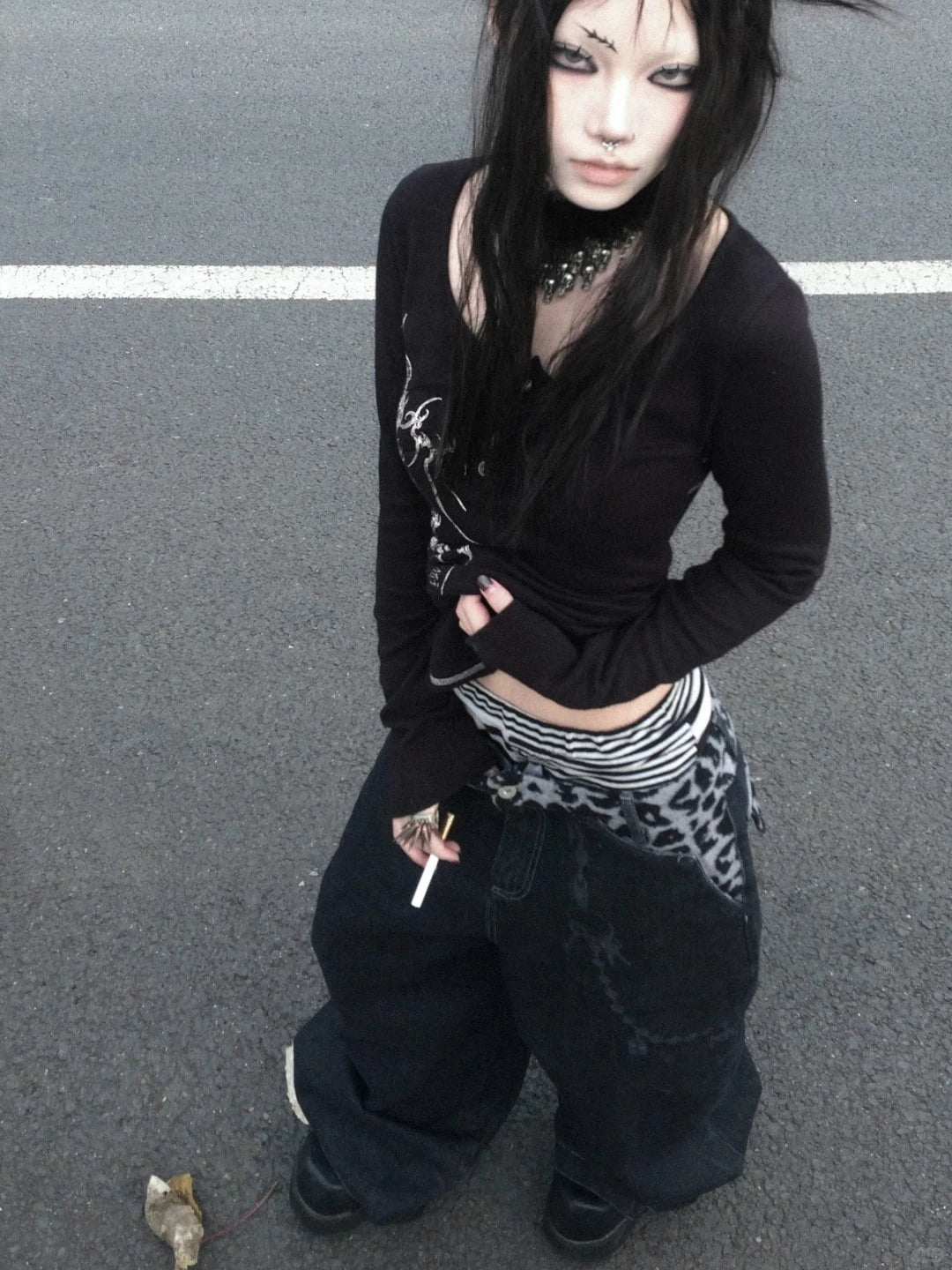 Karrcat Grunge Aesthetics Button Tops Trashy Y2k Tattoo Print T-shirt Vintage Gothic Black Irregular Tee Shirt American Retro