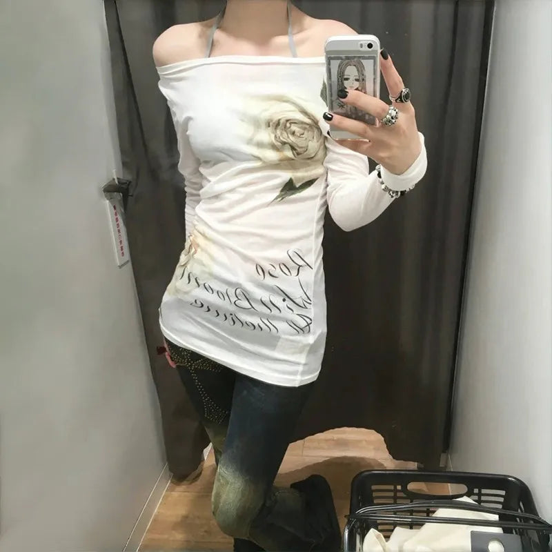 Karrram Japanese Y2k Off Shoulder Tops Vintage 2000s Style Knitted T-shirt Harajuku Flower Print Long Sleeve Sheer Tops American