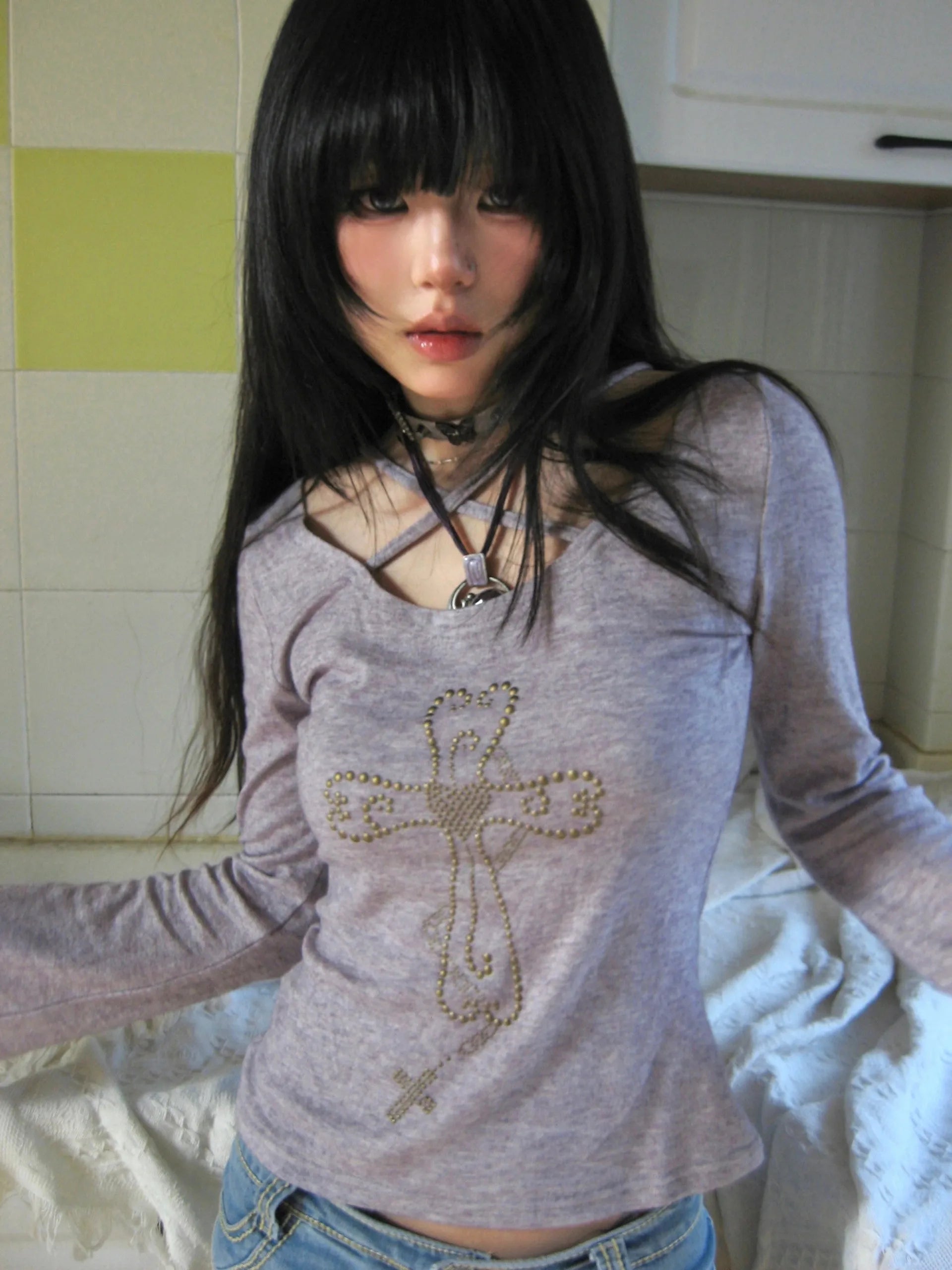 Karrram Japanese Y2k Knitted Tops Grunge Aesthetics Flare Sleeve T-shirts Vintage Harajuku Purple Knitwear American Retro 2000s