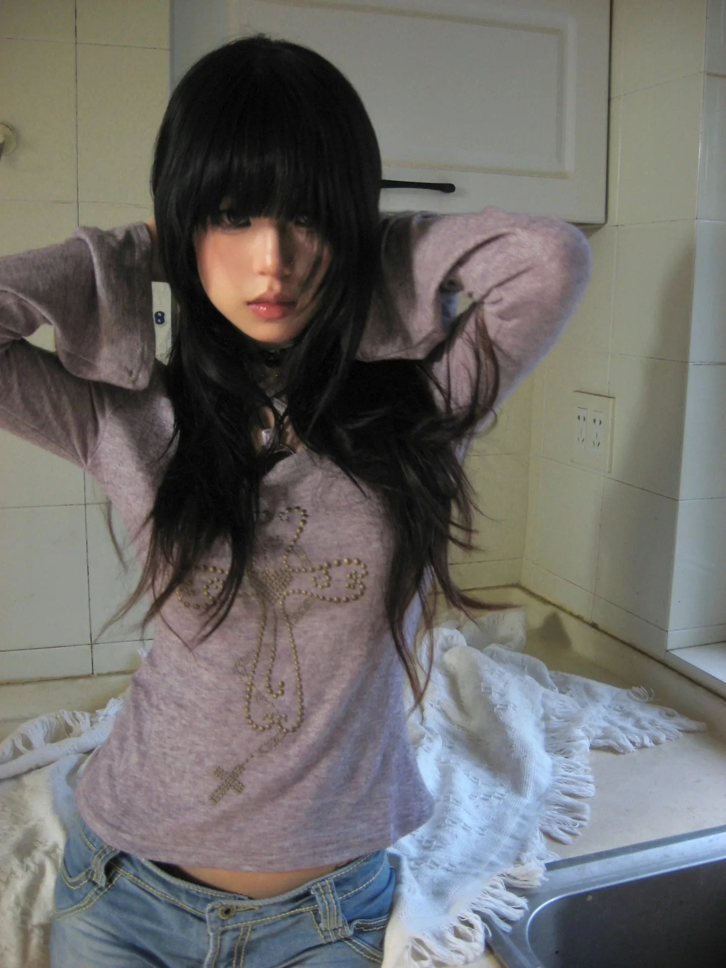 Karrram Japanese Y2k Knitted Tops Grunge Aesthetics Flare Sleeve T-shirts Vintage Harajuku Purple Knitwear American Retro 2000s