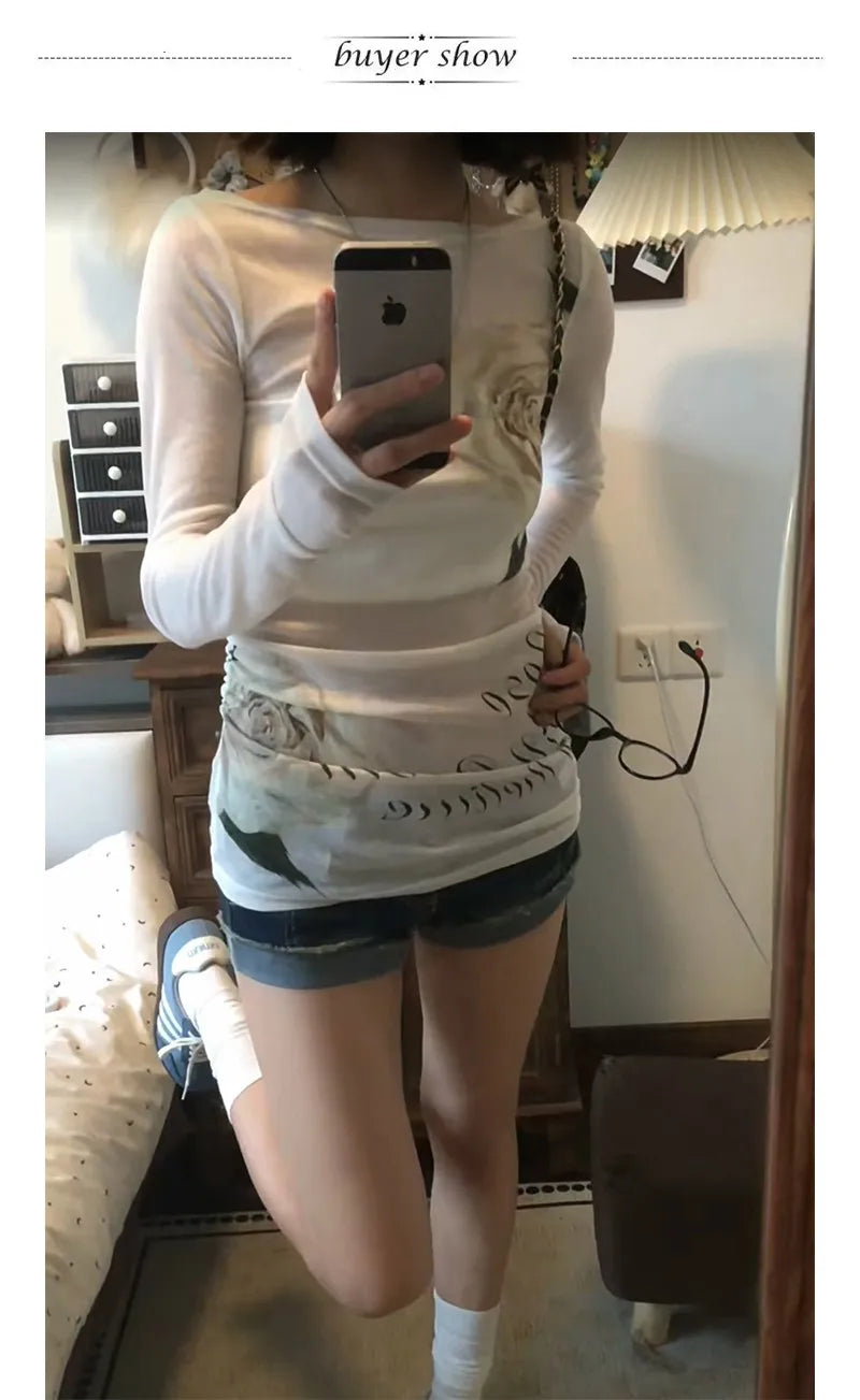 Karrram Japanese Y2k Off Shoulder Tops Vintage 2000s Style Knitted T-shirt Harajuku Flower Print Long Sleeve Sheer Tops American