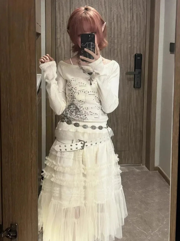 Punk T Shirts for Women Print Long Sleeve Tunic Tees Fashion Korean Camisetas Y2k Tops Slash Neck Casual Tshirts 2025 Ropa Mujer