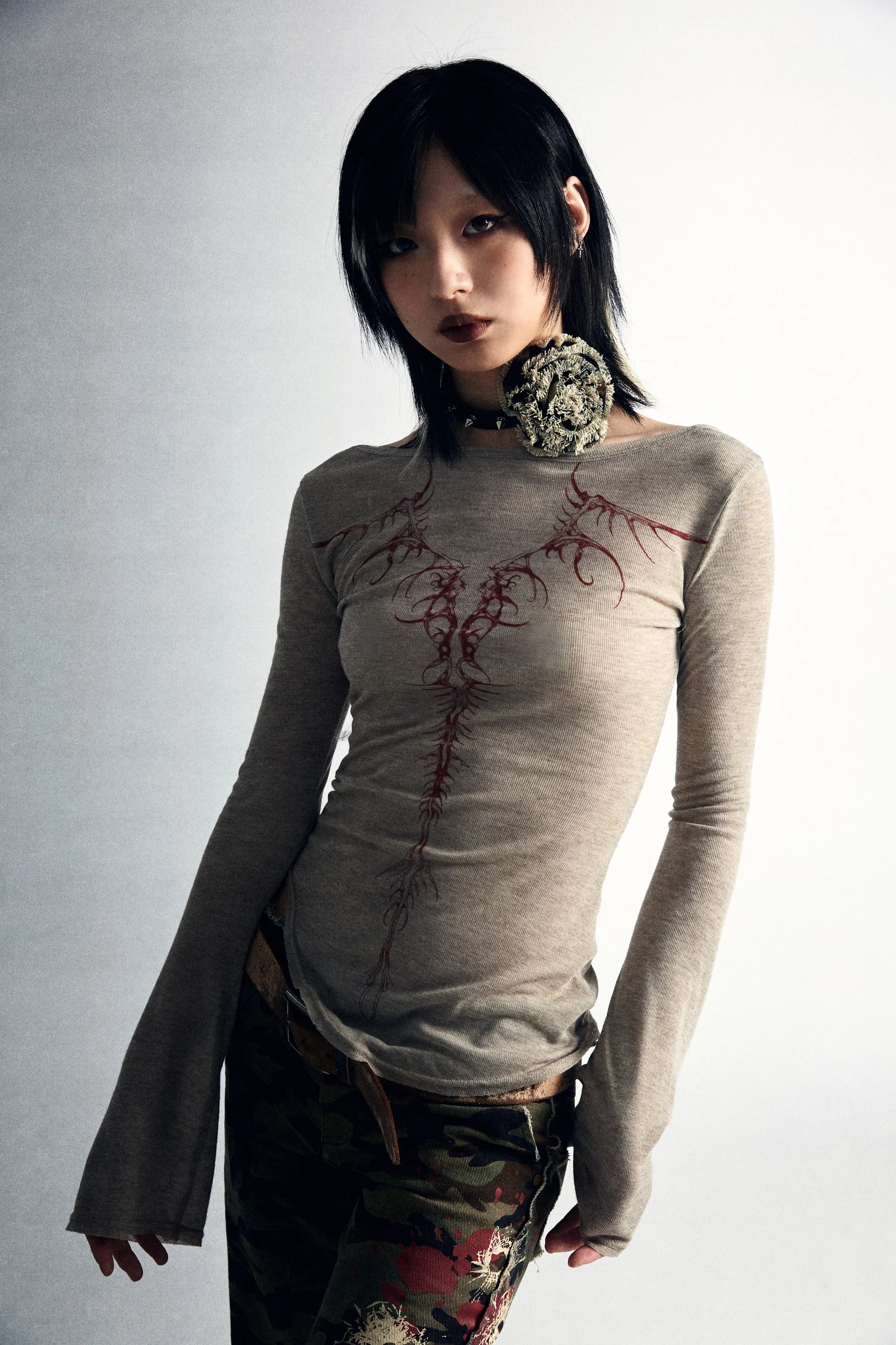 Karrcat Grunge Aesthetics Knitted Tops Vintage Tattoo Print T-shirt Wasteland Punk Irregular Tee Shirt Gothic Y2k Streetwear Alt