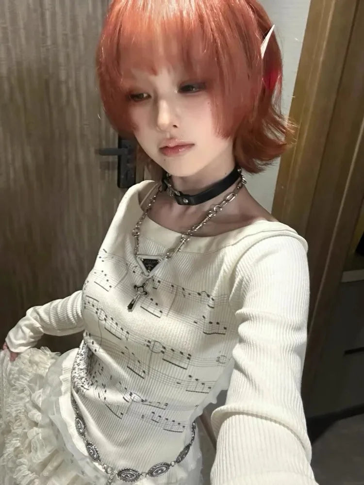 Punk T Shirts for Women Print Long Sleeve Tunic Tees Fashion Korean Camisetas Y2k Tops Slash Neck Casual Tshirts 2025 Ropa Mujer