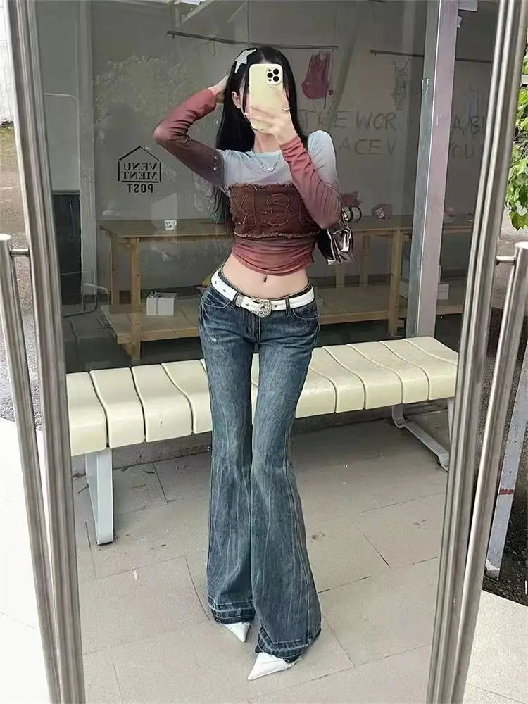 American High Street Spicy Girls Low Waist Jeans Women Autumn Vintage Y2k Design Sense Slim Fit Straight Tube Micro Flare Pants