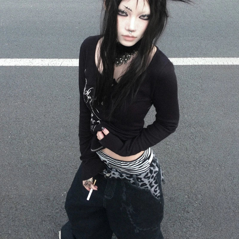 Karrcat Grunge Aesthetics Button Tops Trashy Y2k Tattoo Print T-shirt Vintage Gothic Black Irregular Tee Shirt American Retro