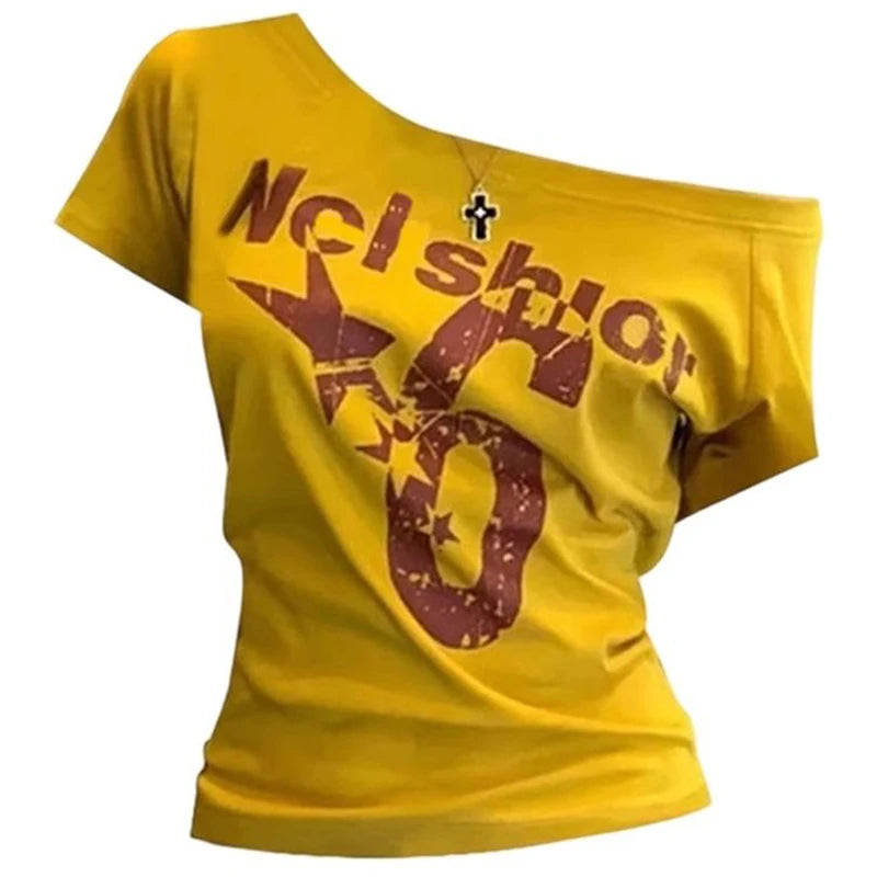 Y2k Sport Summer Off shoulder Top Women Sexy Vintage 2000s Short sleeve T shirt  Lady Body Basic Crop Top Female Casual