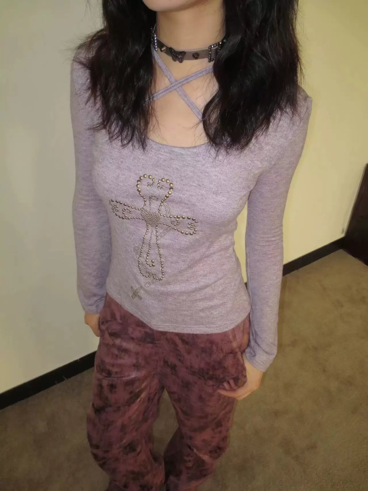 Karrram Japanese Y2k Knitted Tops Grunge Aesthetics Flare Sleeve T-shirts Vintage Harajuku Purple Knitwear American Retro 2000s