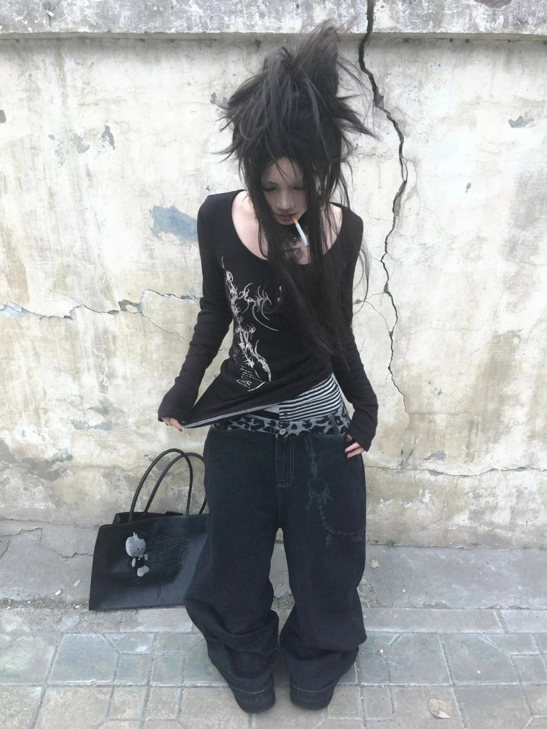 Karrcat Grunge Aesthetics Button Tops Trashy Y2k Tattoo Print T-shirt Vintage Gothic Black Irregular Tee Shirt American Retro