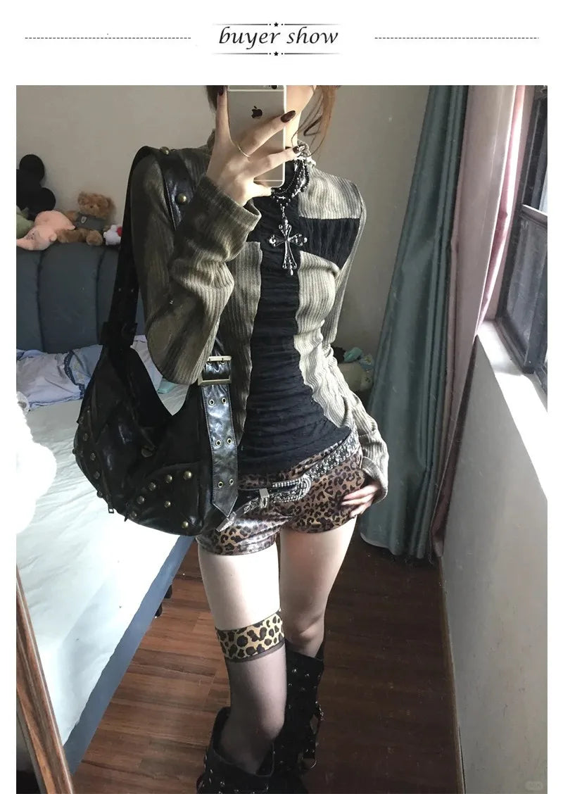 Karrram Japanese Y2k Ribbed Tops Vintage Harajuku Cross Print T-shirt Grunge Aesthetics Long Sleeve Patchwork Tops Trashy 2000s