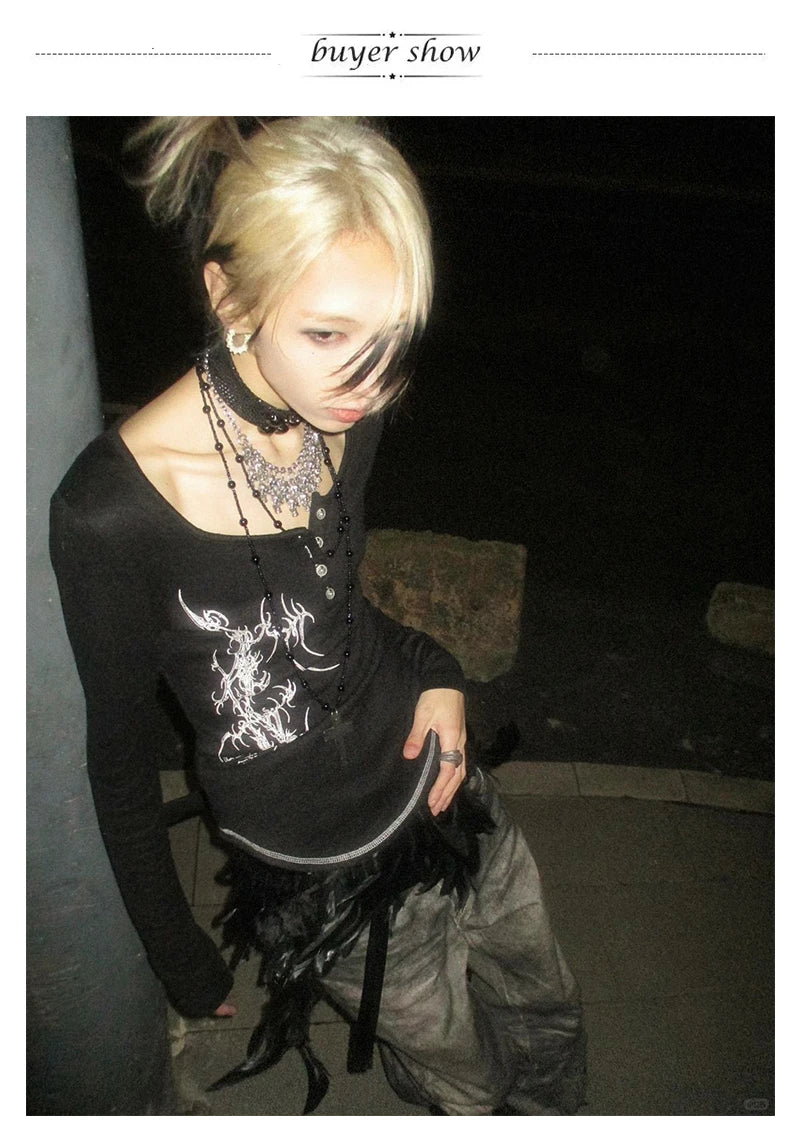 Karrcat Grunge Aesthetics Button Tops Trashy Y2k Tattoo Print T-shirt Vintage Gothic Black Irregular Tee Shirt American Retro