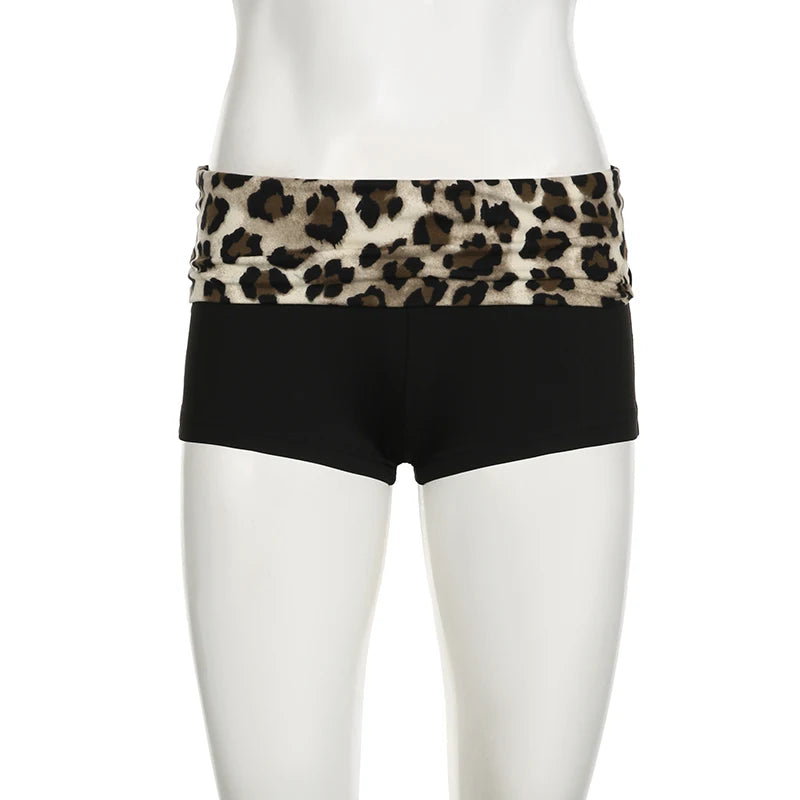 SUCHCUTE Leopard Print Patchwork Skinny Shorts Y2K Aesthetic 2000s Elastic Waist Bottoms Women Fashion Grunge Fairycore Clothes