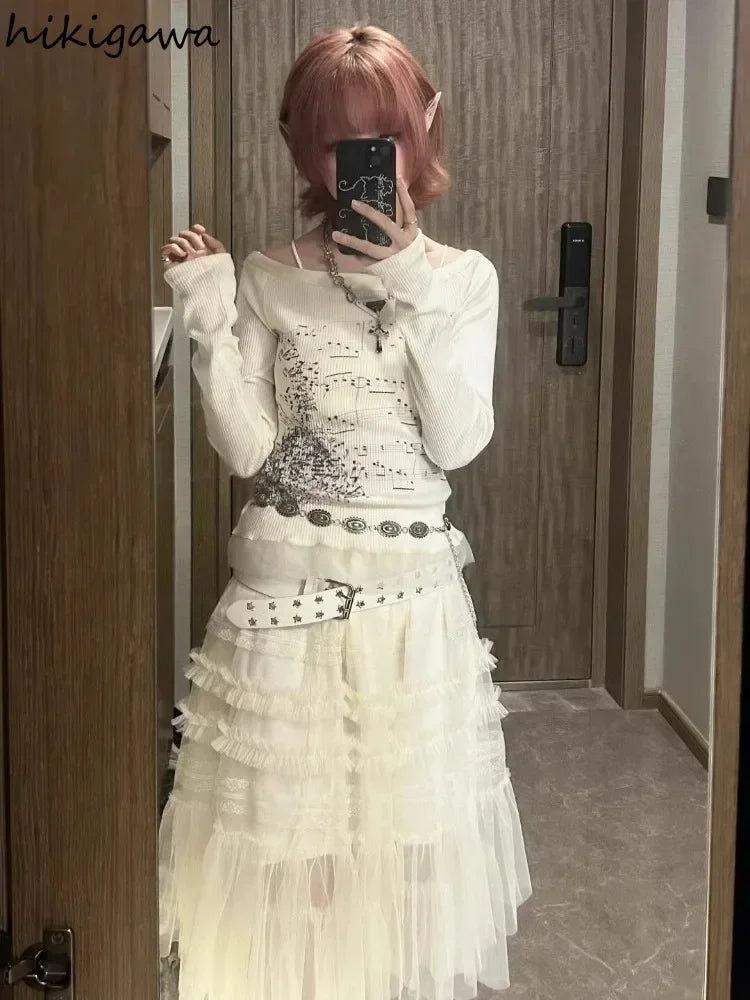 Punk T Shirts for Women Print Long Sleeve Tunic Tees Fashion Korean Camisetas Y2k Tops Slash Neck Casual Tshirts 2025 Ropa Mujer