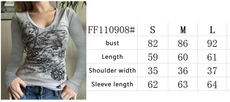 Rhinestone Graphic Print T-shirt Retro Harajuku Fairycore Grunge Slim Fit Pullovers Tees y2k Aesthetic Vintage Gothic Tos Women