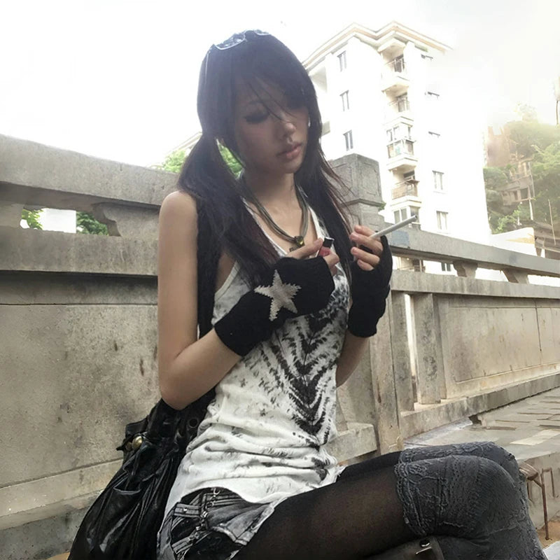 Karrcat Grunge Aesthetics Tie Dye Tank Top Trashy 2000s Style Long Tanktop Japanese Y2k Sleeveless Top Gothic Vintage Streetwear