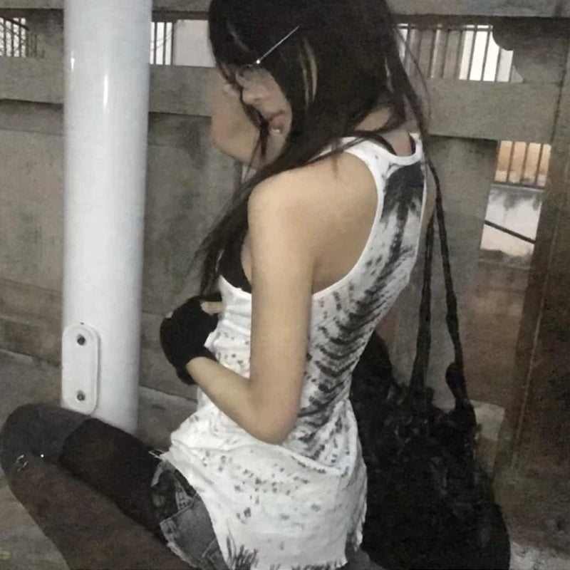 Karrcat Grunge Aesthetics Tie Dye Tank Top Trashy 2000s Style Long Tanktop Japanese Y2k Sleeveless Top Gothic Vintage Streetwear