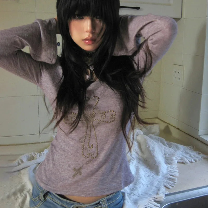 Karrram Japanese Y2k Knitted Tops Grunge Aesthetics Flare Sleeve T-shirts Vintage Harajuku Purple Knitwear American Retro 2000s