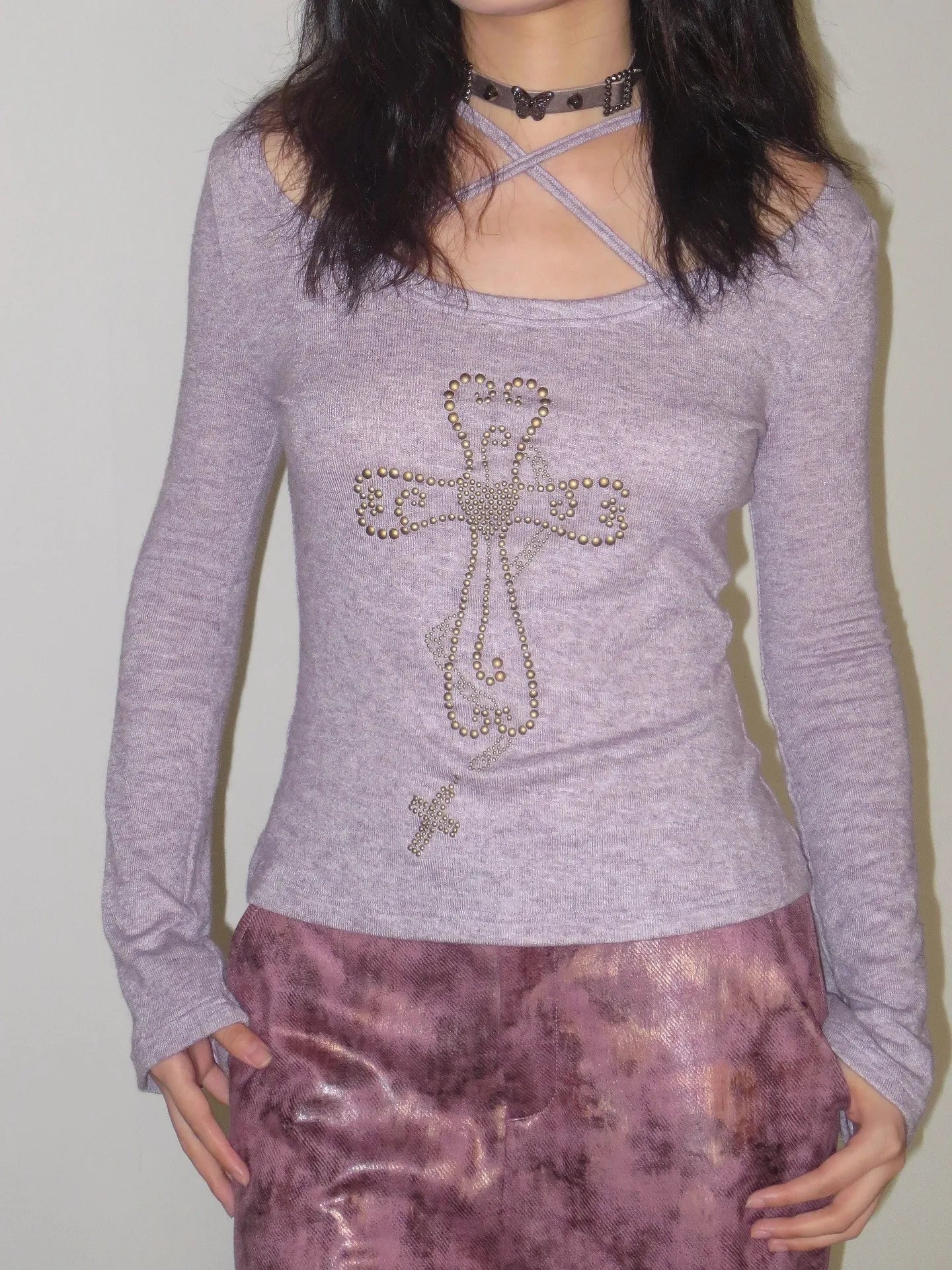 Karrram Japanese Y2k Knitted Tops Grunge Aesthetics Flare Sleeve T-shirts Vintage Harajuku Purple Knitwear American Retro 2000s