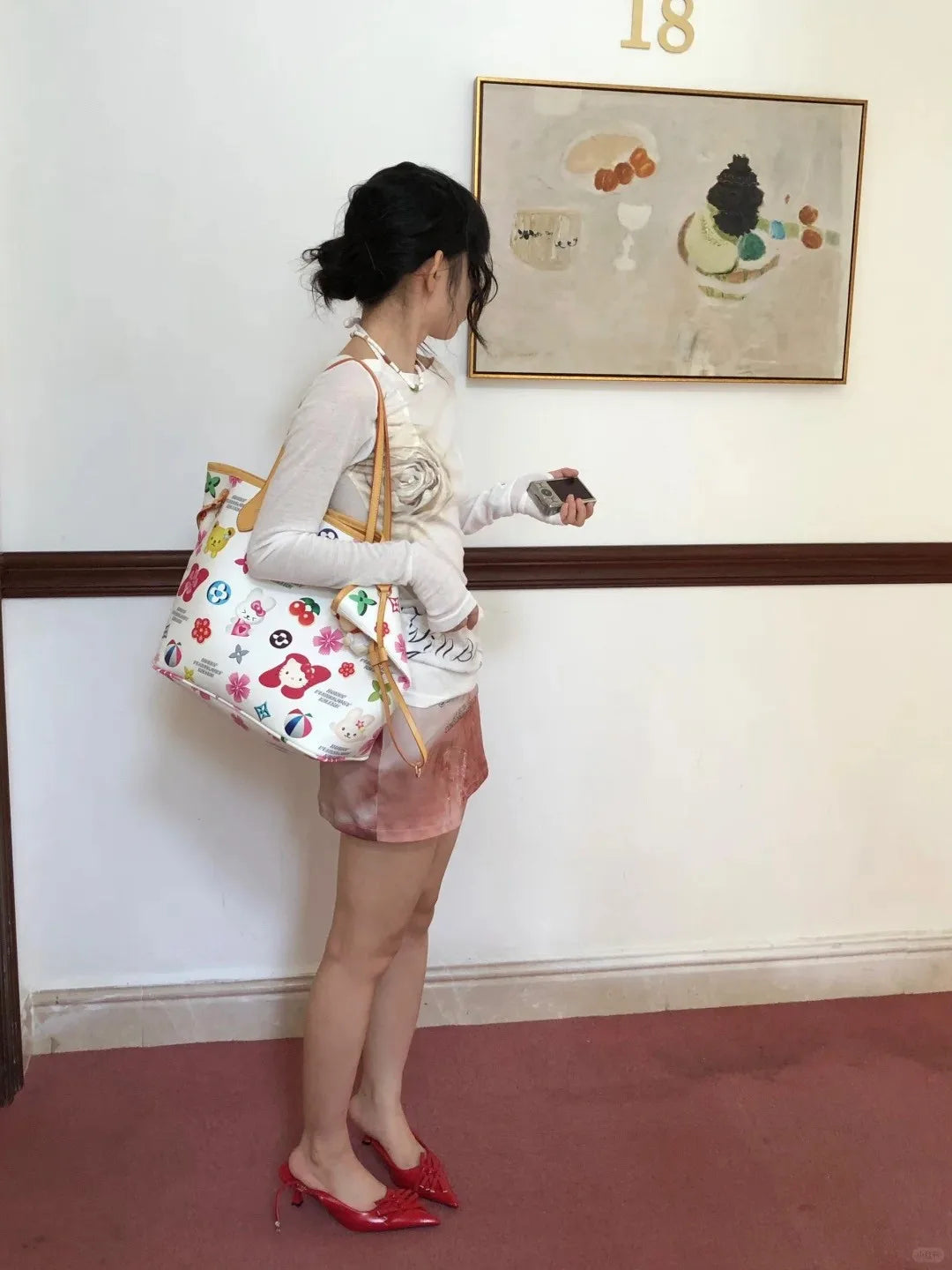 Karrram Japanese Y2k Off Shoulder Tops Vintage 2000s Style Knitted T-shirt Harajuku Flower Print Long Sleeve Sheer Tops American