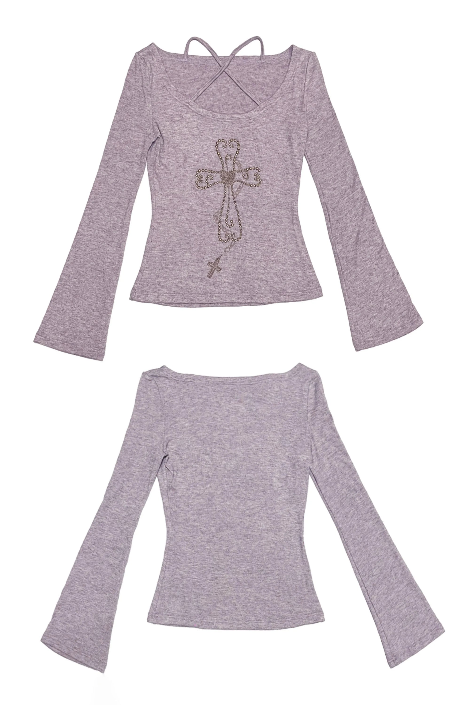 Karrram Japanese Y2k Knitted Tops Grunge Aesthetics Flare Sleeve T-shirts Vintage Harajuku Purple Knitwear American Retro 2000s