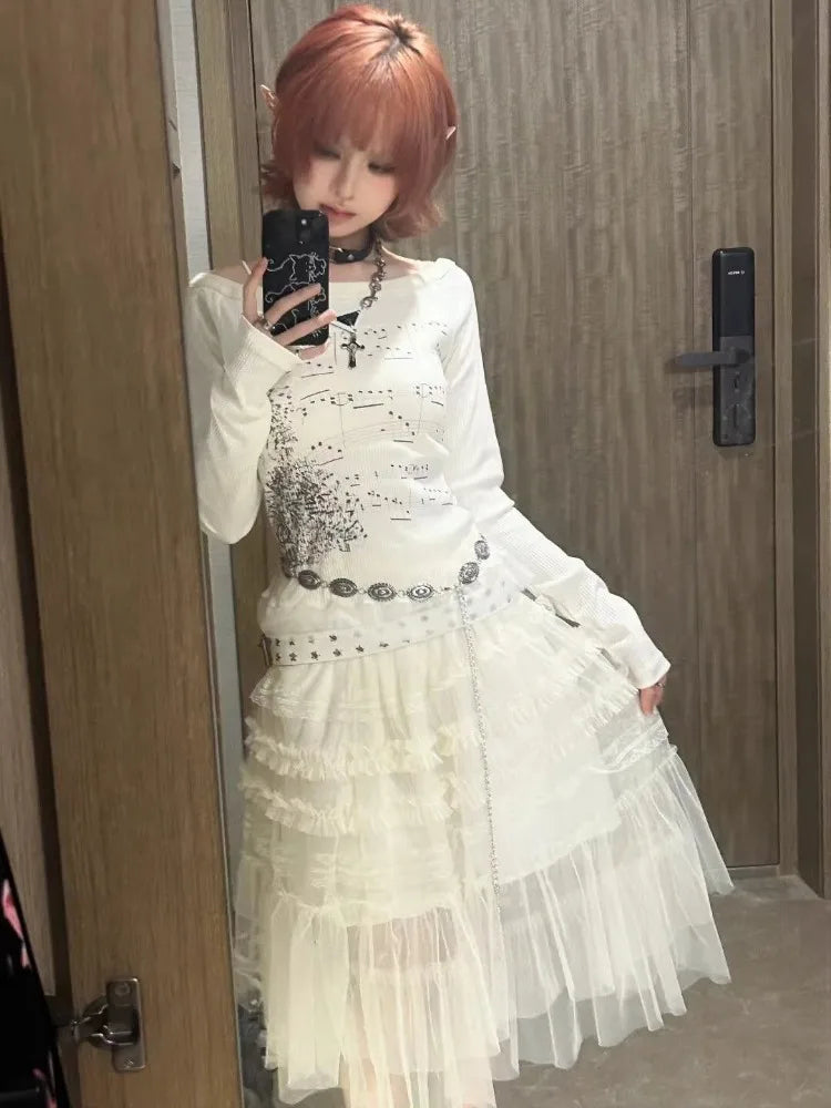 Punk T Shirts for Women Print Long Sleeve Tunic Tees Fashion Korean Camisetas Y2k Tops Slash Neck Casual Tshirts 2025 Ropa Mujer