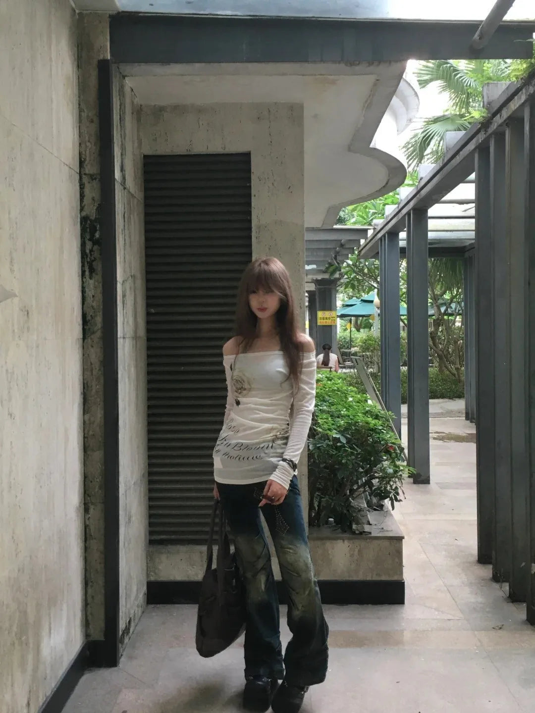 Karrram Japanese Y2k Off Shoulder Tops Vintage 2000s Style Knitted T-shirt Harajuku Flower Print Long Sleeve Sheer Tops American