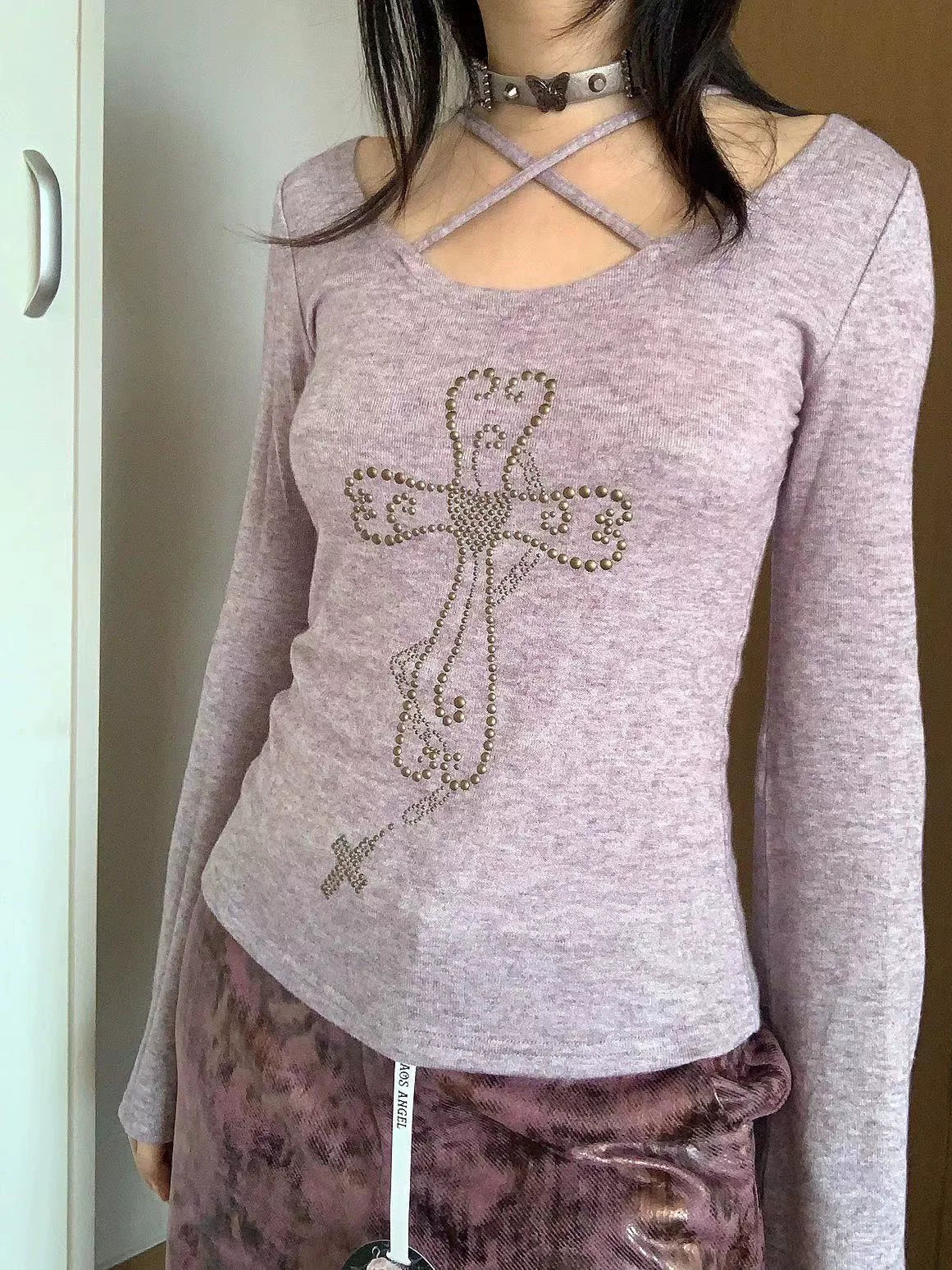 Karrram Japanese Y2k Knitted Tops Grunge Aesthetics Flare Sleeve T-shirts Vintage Harajuku Purple Knitwear American Retro 2000s