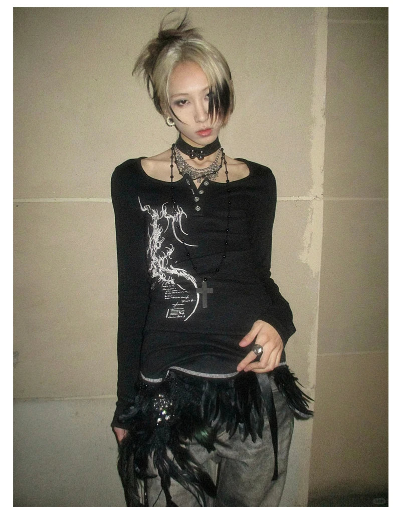 Karrcat Grunge Aesthetics Button Tops Trashy Y2k Tattoo Print T-shirt Vintage Gothic Black Irregular Tee Shirt American Retro