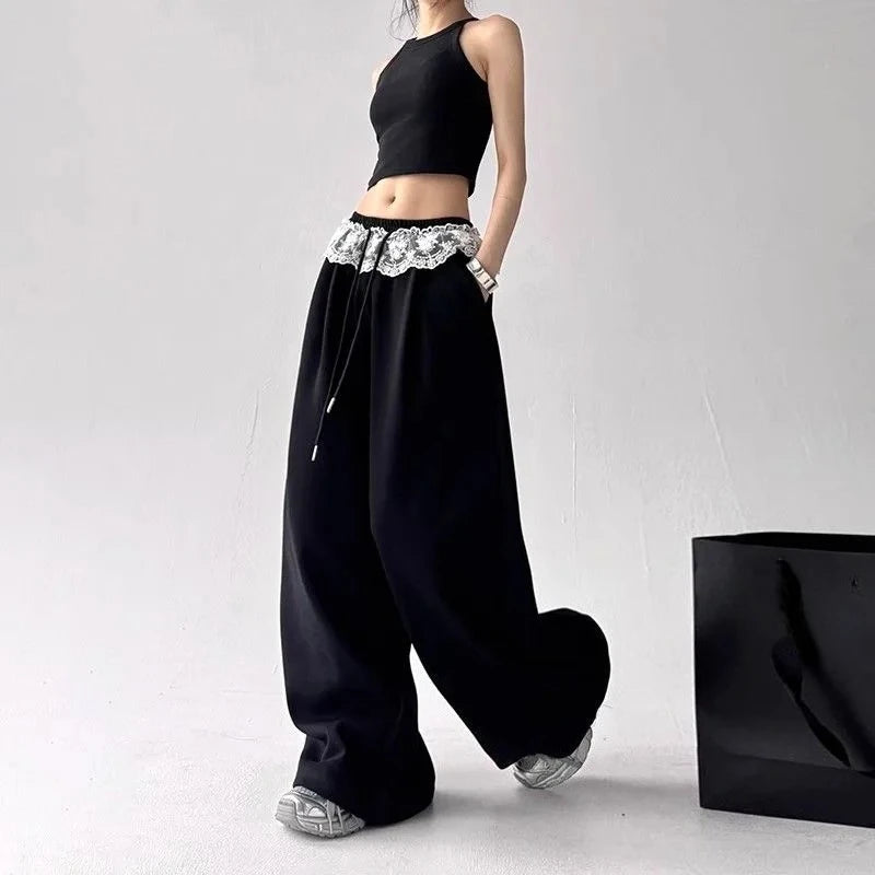 Harajuku Contrast Color Stripe Wide Leg Trousers Vintage Grunge Loose Knitted Casual Pant Y2k Aesthetic Women Straight Pants