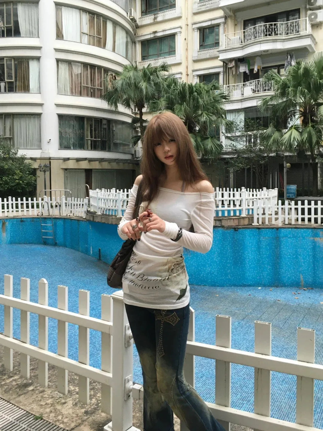 Karrram Japanese Y2k Off Shoulder Tops Vintage 2000s Style Knitted T-shirt Harajuku Flower Print Long Sleeve Sheer Tops American