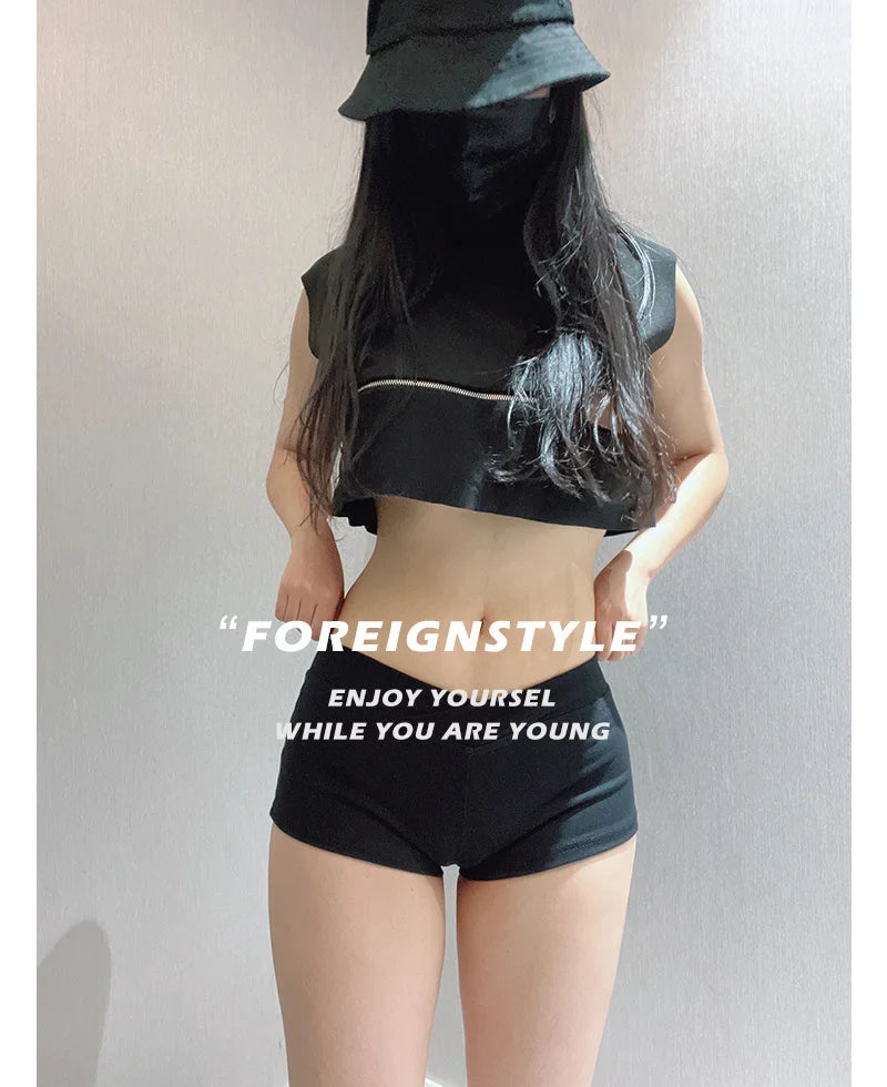 WOMENGAGA Simple Black Dance Fitness Running Ultra Short Sports Casual Shorts Female Summer Tight Low Waist Sexy Korean US8F